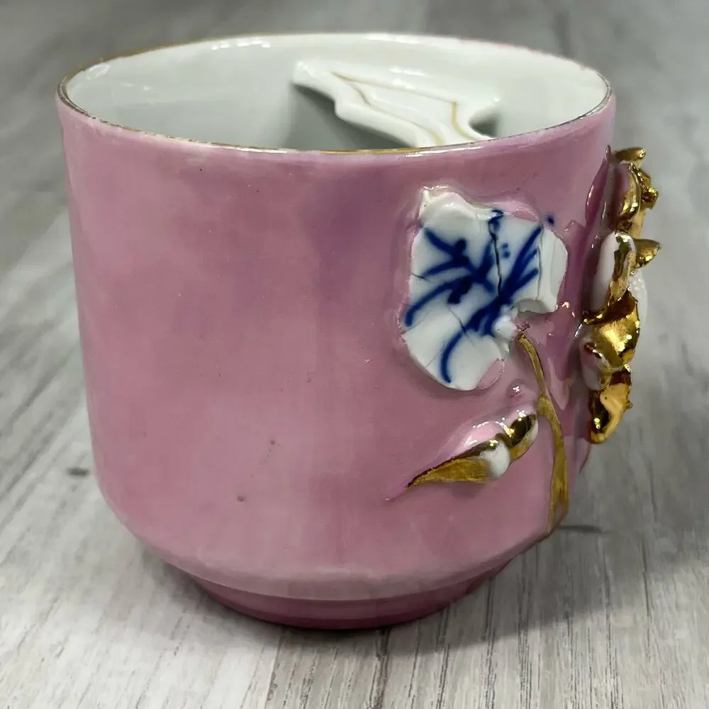 Vintage Victorian Raised Floral Accent Gold Trim Mustache Guard Mug Cup Decor